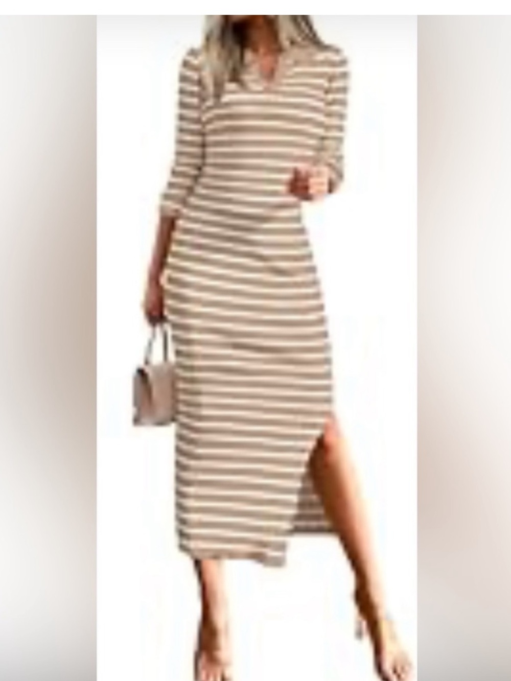 Mirol Tan Stripe Ribbed Collar V Neck Long Sleeve Fitted Midi Dress Size XL